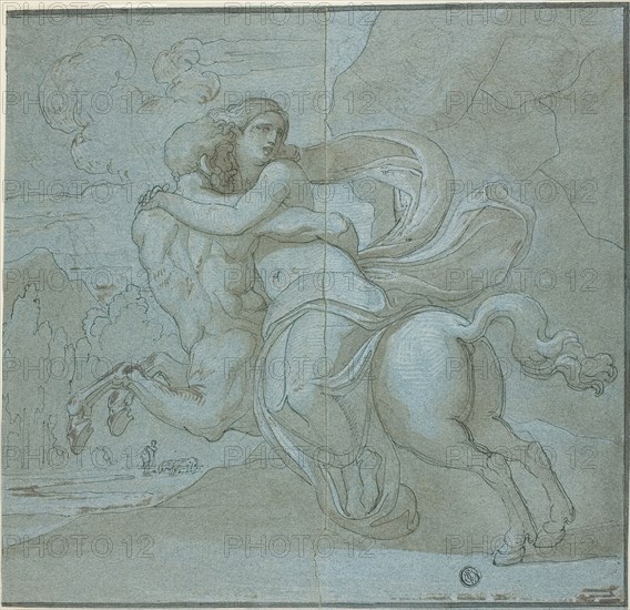 Nessus and Deianira, n.d., Circle of Vincenzo Camuccini, Italian, 1771-1844, Italy, Pen and black ink, with brush and pale brown wash, over black chalk, heightened with lead white (discolored), on blue laid paper, 281 x 292 mm