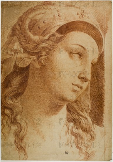 Head of Comity, c. 1750, After Raffaello Sanzio, called Raphael, Italian, 1483-1520, Italy, Red chalk on cream laid paper, laid down on cream wove paper, 481 x 335 mm