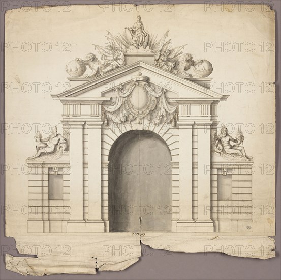 Triumphal Arch with Order of the Golden Fleece at Center, n.d., Unknown Artist, either German or Neopolitan, Germany, Pen and brown ink, and brush and gray wash, over traces of graphite, on ivory laid paper, pieced at the bottom, 586 × 602 mm