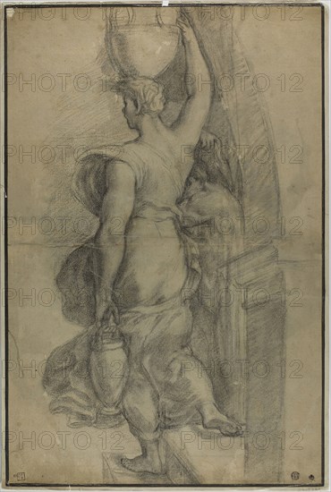 Woman Carrying Water Jar, 17th century, After Raffaello Sanzio, called Raphael, Italian, 1483-1520, Italy, Black chalk on tan laid paper, laid down on tan laid paper, 547 × 361 mm