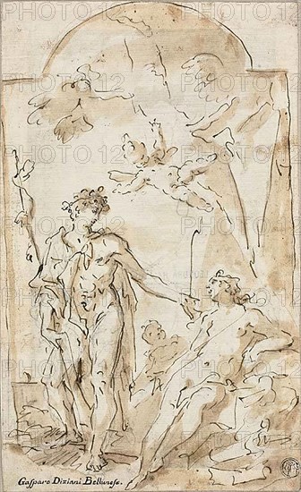 Bacchus and Ariadne, n.d., Gaspare Diziani, Italian, 1689-1767, Italy, Pen and brown ink, with brush and brown wash, over graphite, on ivory laid paper, 253 x 153 mm