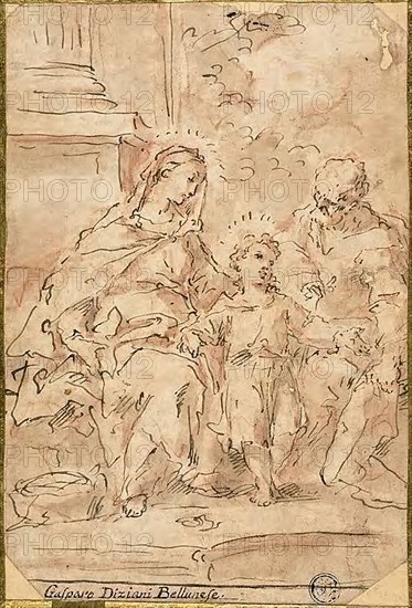 Holy Family, n.d., Gaspare Diziani, Italian, 1689-1767, Italy, Pen and brown ink, with brush and brown wash, over red chalk, on ivory laid paper, laid down on cream laid card, 197 x 132 mm