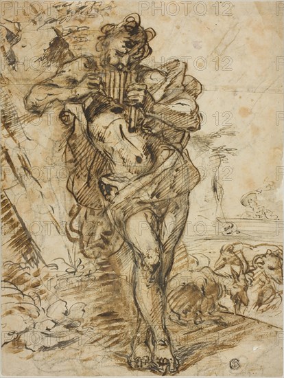 Pan, n.d., Possibly a follower of Giovanni Benedetto Castiglione, Italian, 1609-1664, Italy, Pen and iron gall ink, with brush and gray and brown wash, over black chalk, on ivory laid paper (pricked for transfer), 324 x 244 mm
