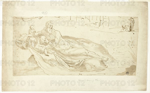 River Tiber, with Romulus and Remus, n.d., probably Italian, Late 16th Century, Italy, Pen and brown ink with brush and brown wash, on ivory laid paper, laid down on ivory laid paper, 184 × 388 mm (max.)