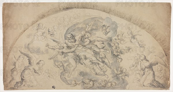 God the Father in Glory, n.d., Possibly after Pietro Testa (Italian, 1611/12-1650), or after Jacques Stella (French, 1596-1657), Italy, Pen and brown ink with brush and gray wash,  heightened with white gouache, on tan laid paper, laid down on cream laid paper, 288 x 550 mm