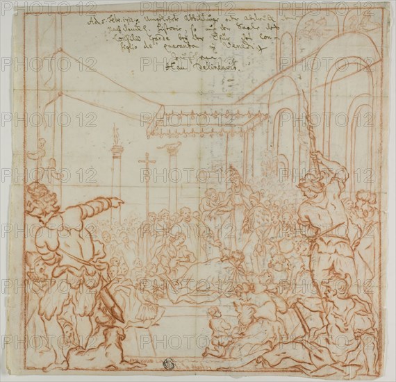 Submission of the Emperor Frederick Barbarossa to Pope Alexander III, 1712, Hieronymus Hau (German, born 1679), after Federico Zuccaro (Italian, 1540/41-1609), Italy, Red chalk on ivory laid paper, 296 × 295 mm (max.)