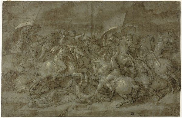 Battle between Romans and Barbarians, n.d., Italian, Veronese, Late 16th century, Italy, Pen and brown ink with brush and brown wash, and touches of graphite, heightened with lead white, on blue laid paper, laid down on ivory laid paper, 364 x 557 mm