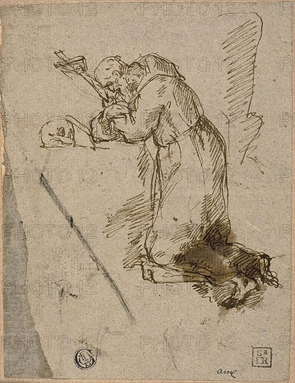 St. Francis of Assisi in Prayer, n.d., Unknown Artist, possibly Italian, 17th century, Italy, Pen and brown ink, with braces of black chalk, on blue laid paper, laid down on tinted wove paper, 169 × 129 mm