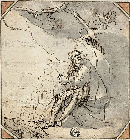 Hermit Saint in Cave, n.d., Unknown Artist, Italian, 17th century, Italy, Pen and brown ink, with brush and gray wash, on ivory laid paper, laid down on off-white laid paper, 135 × 125 mm, Numa Pompilius Giving the Laws to the Romans, n.d., Possibly Giovanni Battista Galestruzzi (Italian, 1615-c. 1669), after Polidoro Caldara, called Polidoro da Caravaggio (Italian, c. 1499-1543), Italy, Pen and brown ink, with brush and brown wash, heightened with lead white (discolored) and touches of pink gouache, on blue laid paper, laid down on ivory laid paper, 223 x 303 mm