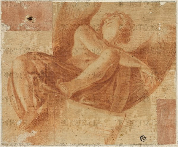 Foreshortened Angel, 1522/30, After Antonio Allegri, called Correggio, Italian, 1489?-1534, Italy, Red chalk, with stumping, on tan laid paper, laid down on ivory laid paper, 217 × 263 mm (max.)