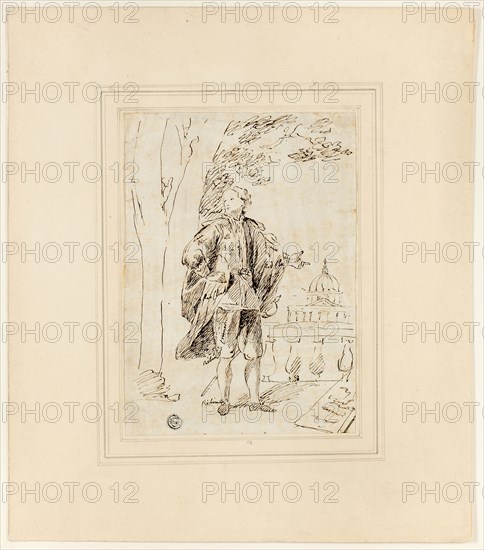 Full Length Portrait of a Man Standing near Balustrade, c. 1737, John Vanderbank, English, 1686-1739, England, Pen and brown ink over graphite on ivory laid papper, tipped onto card, 197 × 141 mm