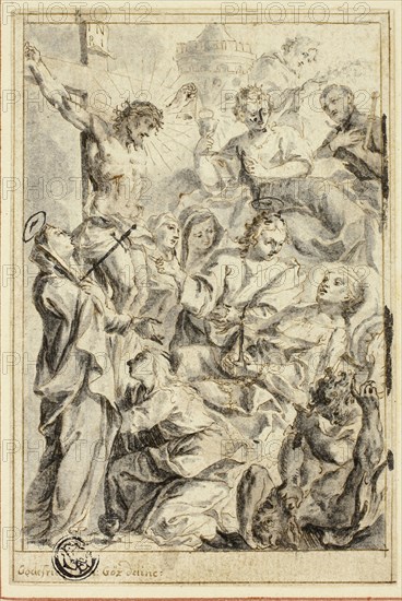 Dying Man Being Consoled by Christ on the Cross, Virgin and Saints, n.d., Gottfried Bernhard Goetz, German, 1708-1774, Germany, Pen and brown ink, with brush and gray and black wash, later additions in pen and black ink and heightened with touches of lead white (discolored) on ivory laid paper, mounted on cream wove paper, 126 × 85 mm