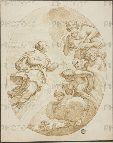 Juno, Zeus and Aeolus, n.d., after Pietro da Cortona, Italian, 1596-1669, Italy, Pen and brown ink, on ivory laid paper, laid down on ivory laid paper, 290 × 230 mm