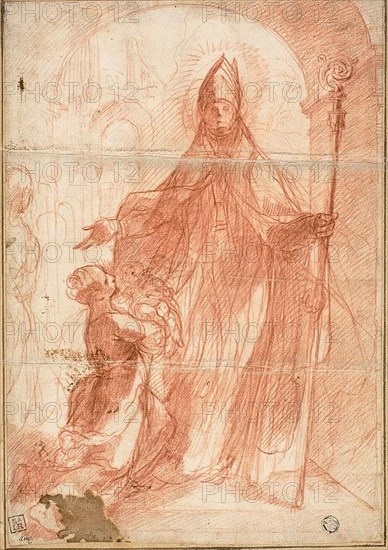 Bishop Saint Blessing a Mother and Child, 1575/1600, Attributed to Alessandro Casolani, Italian, 1552/53-1607, Italy, Red chalk, with traces of graphite, on ivory laid paper, laid down on ivory laid paper, 292 × 203 mm (max.)