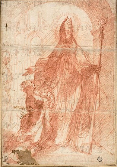 Bishop Saint Blessing a Mother and Child, 1575/1600, Attributed to Alessandro Casolani, Italian, 1552/53-1607, Italy, Red chalk, with traces of graphite, on ivory laid paper, laid down on ivory laid paper, 292 × 203 mm (max.)
