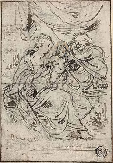Holy Family, n.d., Attributed to Johann Boeckhorst (Flemish, 1605-1668), or Abraham Jansz. van Diepenbeeck (Flemish, 1596-1675), or circle of Peter Paul Rubens (Flemish, 1577-1640), Flanders, Pen and brown ink, with graphite, heightened with ochre and white gouache, on ivory laid paper, tipped onto cream laid paper, 130 × 90 mm
