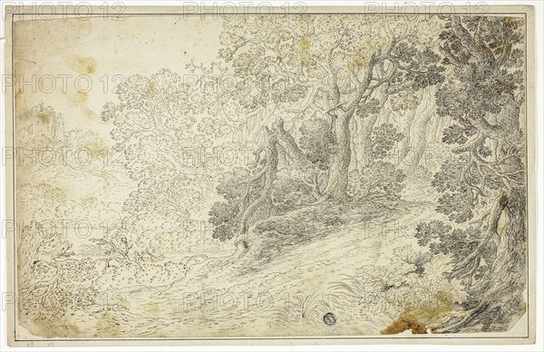Wooded River Landscape with View of Castle, n.d., Unknown Artist, Flemish, 17th century, Flanders, Pen and brown ink, over black chalk, on ivory laid paper, laid down on ivory laid paper, 243 × 387 mm