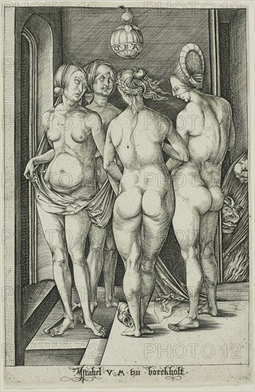 The Four Witches, after 1497, Israhel van Meckenem the Younger, German, c. 1440/45-1503, Germany, Engraving in black on ivory laid paper, 204 x 133 mm