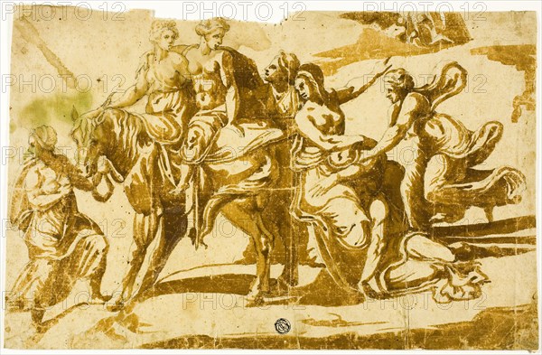 Flight of Celia, late 16th century, Possibly after Polidoro Caldara, called Polidoro da Caravaggio, Italian, c. 1499-c. 1543, Italy, Black chalk, and brush and brown wash, on tan laid paper, 222 × 342 mm (max.)