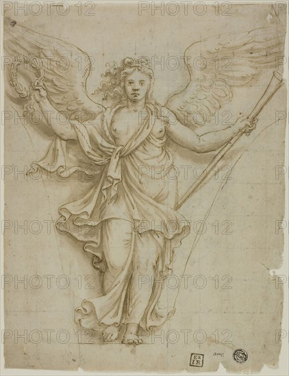 Spandrel Design with Allegorical Figure of Fame (recto), Design for Coat of Arms (verso), c. 1532, Workshop of Giulio Pippi, called Giulio Romano, Italian, c. 1499-1546, Italy, Pen and brown ink with brush and brown wash (recto), and black chalk (verso), on ivory laid paper, recto squared in black chalk, 257 x 196 mm