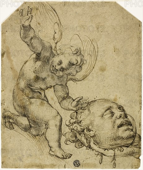 Two Sketches: Kneeling Putto Holding a Head (recto) Details of a Nude Male Child (verso), n.d., Bartolomeo Passarotti, Italian, 1529-1592, Italy, Pen and brown ink, with graphite, on buff laid paper, laid down on ivory wove paper, 242 × 203 mm