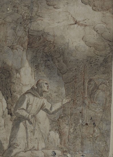 Stigmatization of Saint Francis of Assisi, n.d., probably Italian, Late 16th Century, Italy, Red chalk and pen and brown ink, with brush and brown and gray wash, and touches of black chalk, on tan laid paper, laid down on tan laid paper, 301 × 217 mm (max.)