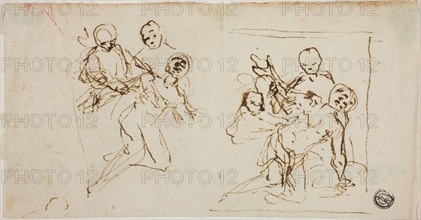 Two Composition Sketches of Collapsing Figure Supported by Two Other Figures (recto), Compositional Sketch of Kneeling Figure Accompanied by Two Other Figures, 1637/1689, Attributed to Baldassare Franceschini, called Il Volterrano, Italian, 1611-1689, Italy, Pen and brown ink (recto), and red chalk with black chalk (verso), on ivory laid paper, 111 x 209 mm