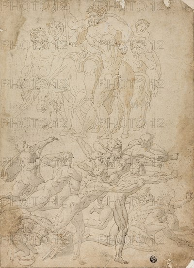 Archers Shooting at a Herm, Triumph of Bacchus, and Other Studies, n.d., after Michelangelo Buonarroti (Italian, 1475-1564), and Pietro Buonaccorsi, called Perino del Vaga (Italian, 1501-1547), Italy, Pen and brown ink, and brush and gray and brown wash, on tan laid paper, laid down on cream laid card, 375 × 274 mm (max.)