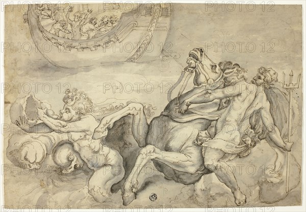 Neptune Calming the Tempest Raised by Aeolus against Aeneas (Quos Ego), n.d., Italian, Second half of the 16th Century, Italy, Pen and brown ink with brush and gray wash, over black chalk, with touches of white gouache, on tan laid paper, laid down on tan laid paper, 253 × 368 mm
