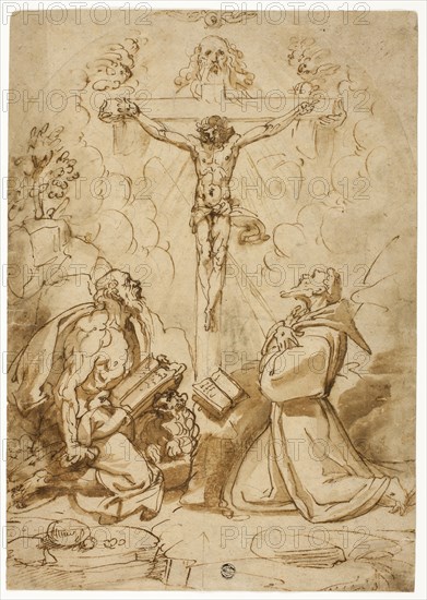 Saints Jerome and Francis of Assisi Adoring the Trinity, c. 1570, Bartolomeo Passarotti, Italian, 1529-1592, Italy, Pen and brown ink with brush and brown wash, over graphite, on tan laid paper, 379 x 267 mm