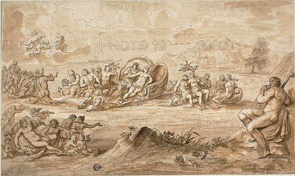 Acis and Galatea, n.d., Attributed to Crispin van den Broeck, Netherlandish, c. 1524-1590, Netherlands, Pen and black ink, with brush and brown wash, on ivory laid paper, laid down on ivory laid paper, 243 x 408 mm