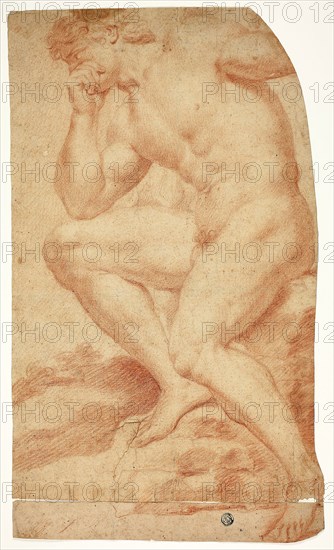 Seated Academic Male Nude in Profile to Left, 17th century, Attributed to Andrea Camassei, Italian, 1602-1649, Italy, Red chalk on cream laid paper, pieced and laid  down on ivory laid paper, 418 × 242 mm