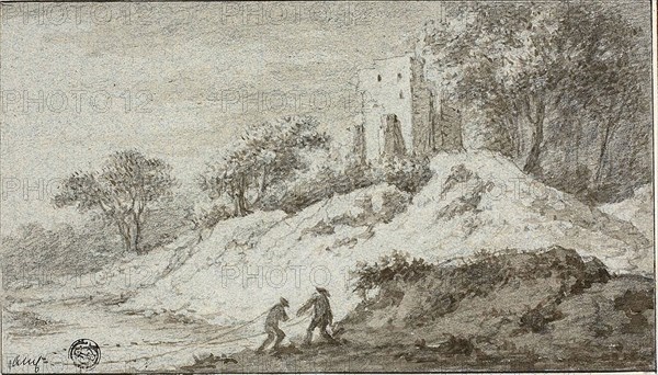 Landscape with Two Figures and Castle on Hill, n.d., Attributed to Allart van Everdingen, Dutch, 1621-1675, Holland, Brush and brown wash over black chalk on blue laid paper, laid down on card, 120 x 210 mm