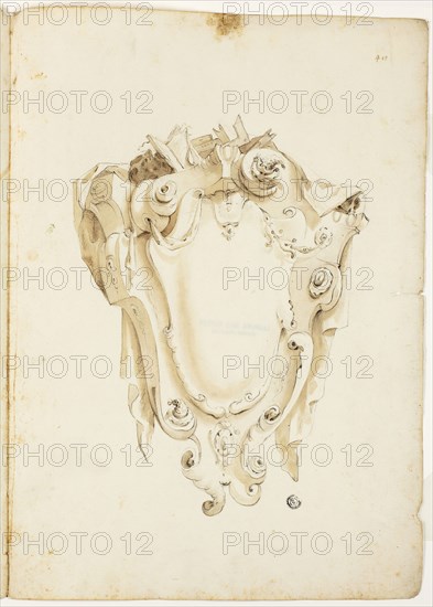 Design for Escutcheon, with Skulls and Books, n.d., Unknown Artist, possibly Italian or German, Italy, Black chalk and brush and brown wash on ivory laid paper, 405 x 580 mm