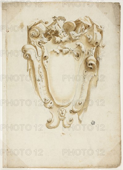 Design for Escutcheon, with Musical Instruments, n.d., Unknown Artist, possibly Italian, Italy, Black chalk and brush and brown wash on ivory laid paper, 405 × 580 mm