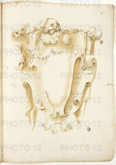 Design for Escutcheon, with Skulls, n.d., Unknown Artist, possibly Italian, Italy, Black chalk and brush and brown wash on ivory laid paper, 404 × 580 mm