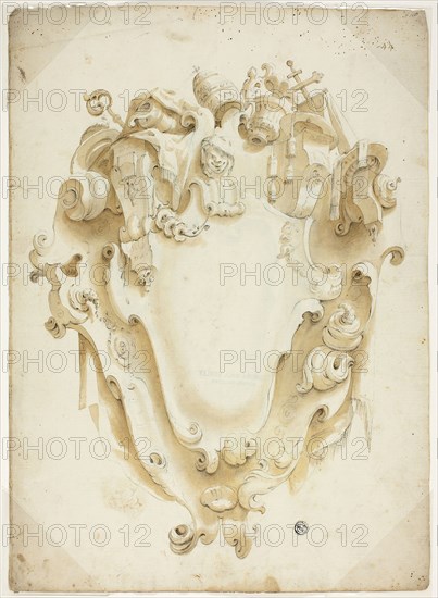 Design for Ecclesiastical Escutcheon, n.d., Unknown Artist, possibly Italian, Italy, Black chalk and brush and brown wash on ivory laid paper, 405 × 580 mm