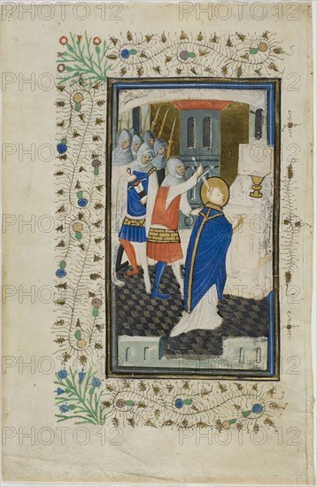 The Murder of Thomas Becket, page one, from a Book of Hours, 1430/40, Flemish (Bruges), Nicolas Brouwer (Flemish, active c. 1420-c. 1450), Flanders, Manuscript cutting with tempera and gold leaf, and pen and black ink, on parchment, 237 × 156 mm