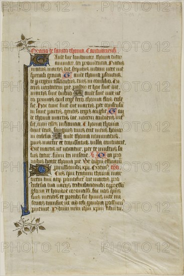 The Murder of Thomas Becket, page two, from a Book of Hours, 1430/40, Flemish (Bruges), Nicolas Brouwer (Flemish, active c. 1420-c. 1450), Flanders, Manuscript cutting with tempera and gold leaf, and pen and black ink, and with Latin inscriptions in light brown and red inks, ruled in light brown ink, on parchment, 237 × 156 mm