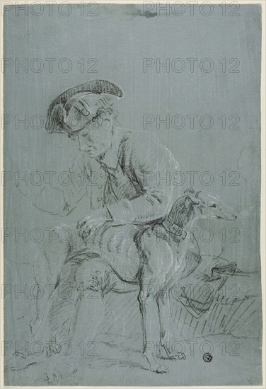 Seated Man with Dog, n.d., Possibly Pierre-Jacques Volaire, French, 1729-1799, France, Black and white chalk, on blue-gray prepared ground, on ivory laid paper, 388 × 262 mm