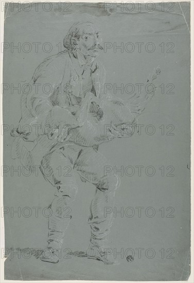 Man Carrying a Dead Dog, n.d., Pierre-Jacques Volaire, French, 1729-1799, France, Black and white chalk, on blue-gray prepared ground, on ivory laid paper, 390 × 263 mm