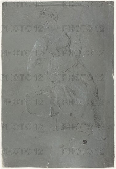 Seated Woman, n.d., Pierre-Jacques Volaire, French, 1729-1799, France, Black and white chalk, on gray prepared ground, on ivory laid paper, 390 × 264 mm