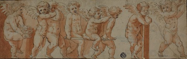 Frieze with Eight Putti, n.d., After Polidoro Caldara, called Polidoro da Caravaggio, Italian, c. 1499-c. 1543, Italy, Pen and brown ink and brush and red chalk wash, on cream laid paper, 106 × 329 mm