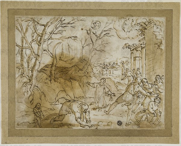 Stoning of Saint Stephen, n.d., Italian, Genoese or Venetian, Late 16th century, Italy, Pen and brown ink with brush and brown wash, and touches of graphite, on ivory laid paper, laid down on pale brown wove paper, 221 x 292 mm (max.)