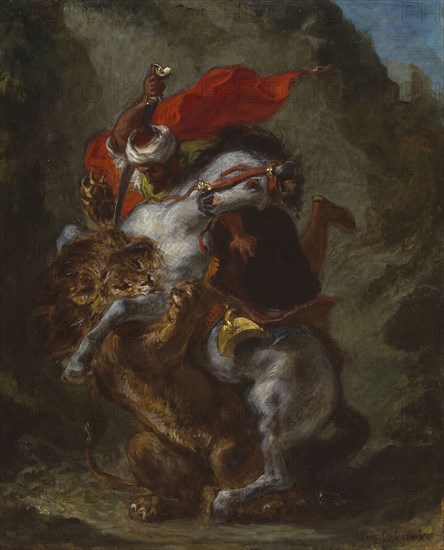 Arab Horseman Attacked by a Lion, 1849/50, Eugène Delacroix, French, 1798-1863, France, Oil on panel, 43.81 × 38.1 cm (17 1/4 × 15 in.)
