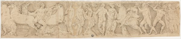 After the Antique: Sarcophagus Lid with the Labors of Hercules, n.d., Probably Italian, early 16th century, Italy, Pen and brown ink on tan laid paper, 144 x 683 mm