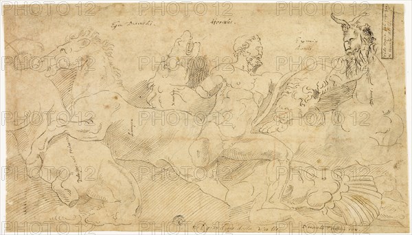 Ancient Relief with Hercules and the Mares of Diomedes (recto), Two Sketches: Draped Satyr and Winged Female Figure (verso), 1521/56, After Girolamo Sellari, called Girolamo da Carpi, Italian, 1501-1556, Italy, Pen and brown ink, with traces of red chalk (recto), and pen and brown ink (verso), on tan laid paper, 166 x 289 mm