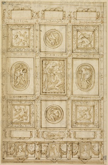 Study for a Ceiling Decoration, with Rebecca and Eliezer at the Well (recto), Study for a Ceiling Decoration (verso), 1569/73, Giorgio Vasari, Italian, 1511-1574, Italy, Pen and brown ink, with brush and brown wash, on cream laid paper, squared in graphite and red chalk (recto and verso), 363 x 237 mm