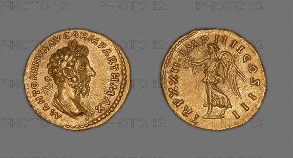 Aureus (Coin) Portraying Emperor Marcus Aurelius, 167 (December)/168 (December), issued by Marcus Aurelius and Lucius Verus, Roman, minted in Rome, Italy, Gold, Diam. 2 cm, 7.26 g