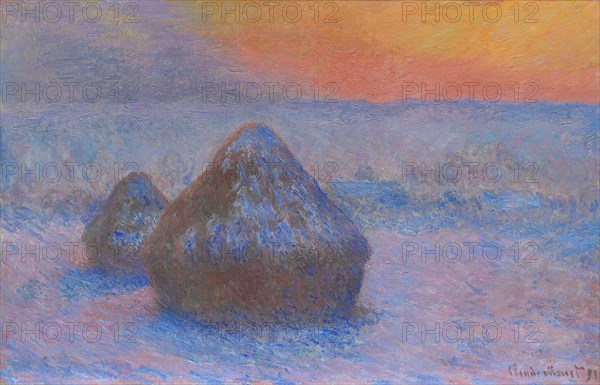 Stacks of Wheat (Sunset, Snow Effect), 1890/91, Claude Monet, French, 1840-1926, France, Oil on canvas, 65.3 × 100.4 cm (25 11/16 × 39 1/2 in.)